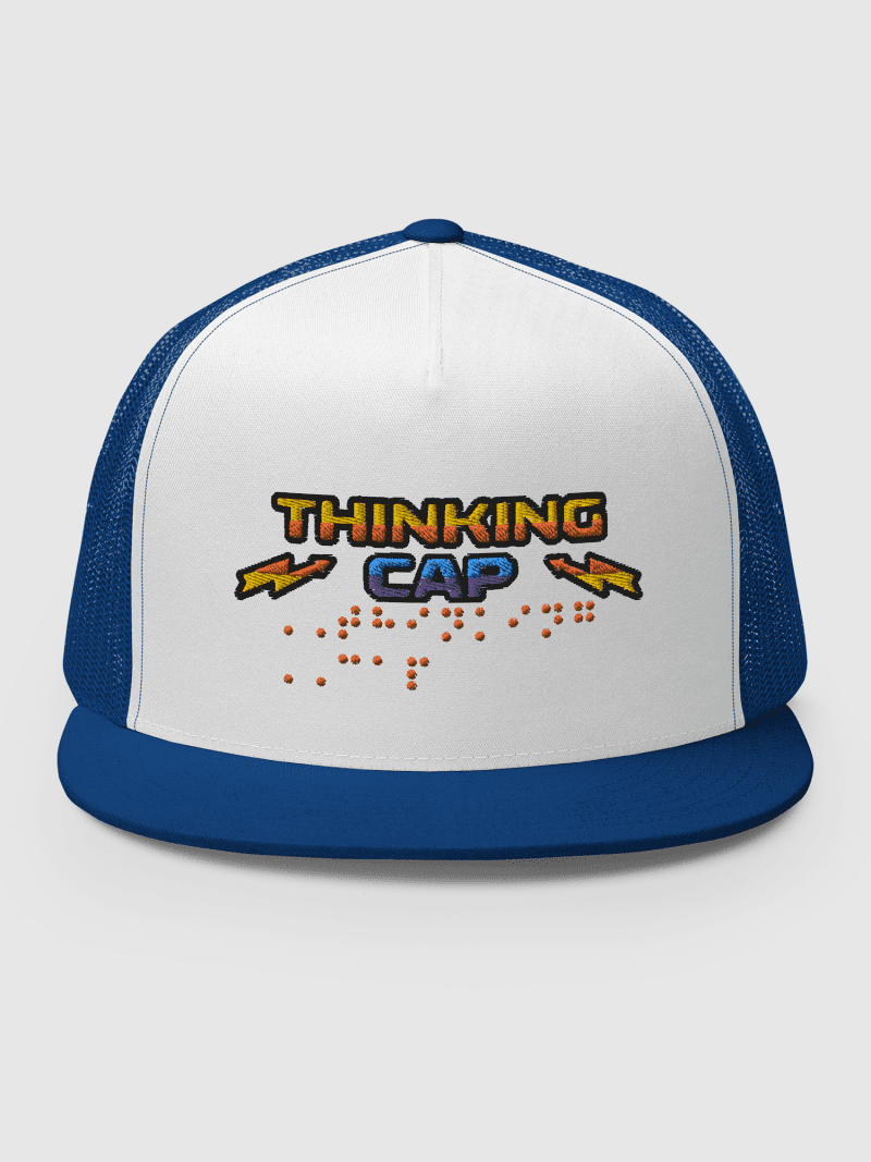 StrangerThingsThinkingCapBrailleEmbroideredTruckerCap Royal White Main