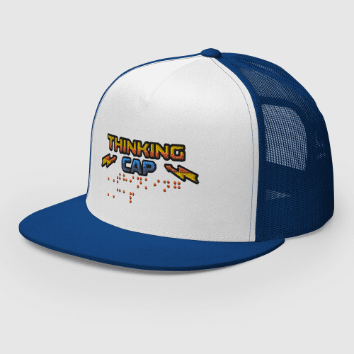 StrangerThingsThinkingCapBrailleEmbroideredTruckerCap Royal White Side