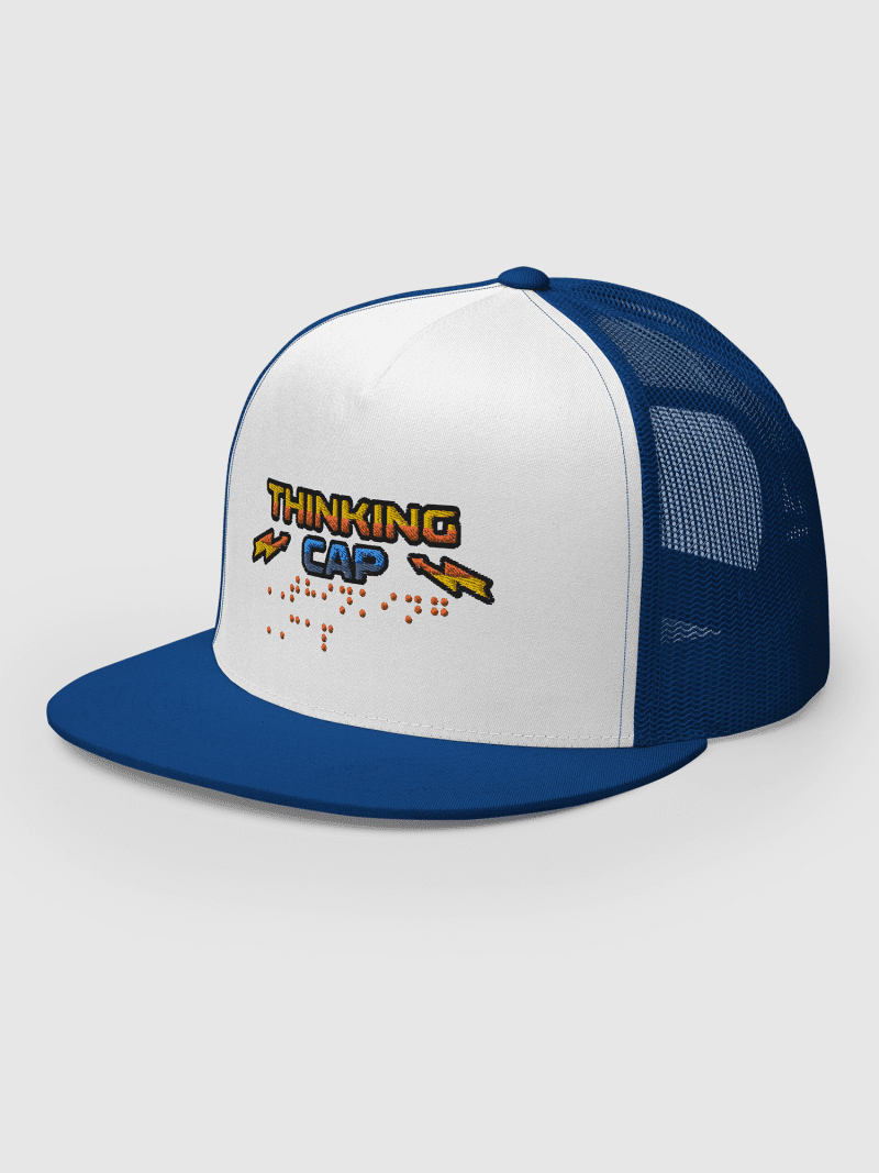 StrangerThingsThinkingCapBrailleEmbroideredTruckerCap Royal White Side