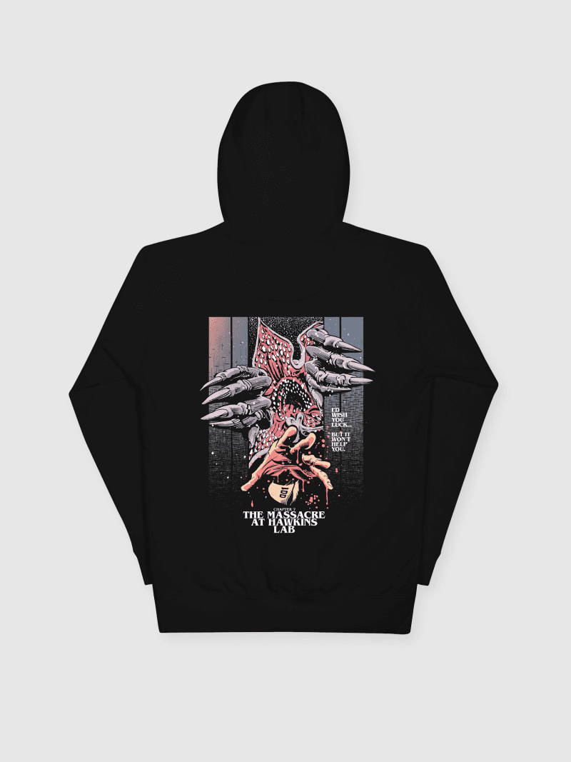 StrangerThingsxButcherBillyTheMassacreatHawkinsLabUnisexHoodie Black Rear